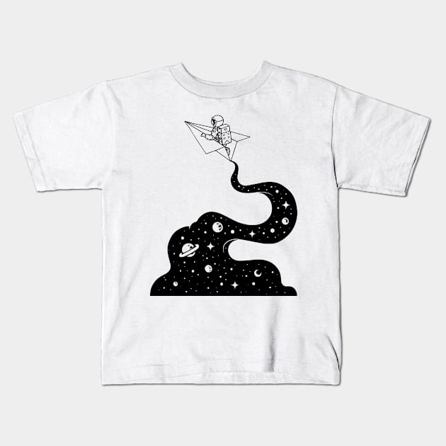 Astronaut gliding through space galaxy on a paper plane spaceship Kids T-Shirt by labstud